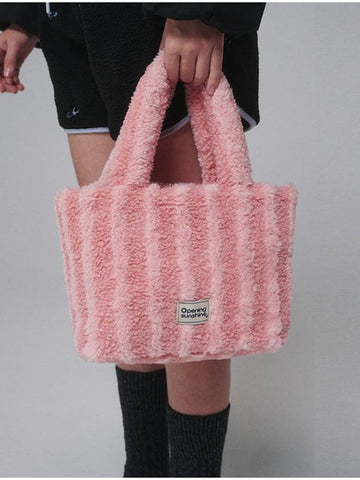 Striped shearling tote bag Pink - OPENING SUNSHINE - BALAAN 1