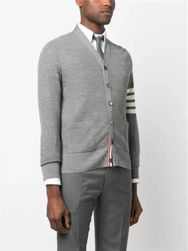 4-Bar Striped Waffle High V-Neck Cardigan Light Grey - THOM BROWNE - BALAAN 4