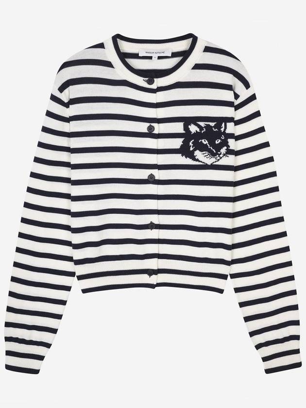 Fox Head Intarsia Regular Striped Cardigan Black White - MAISON KITSUNE - BALAAN 2