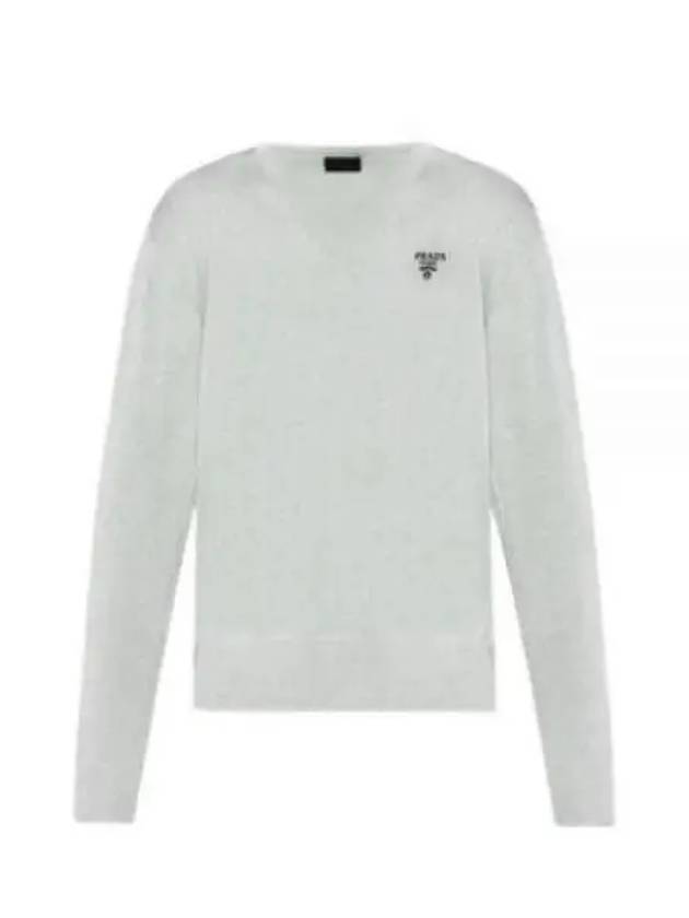 Logo Silk V-Neck Knit Top Grey - PRADA - BALAAN 2