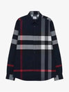 Men's Checked Stretch Cotton Poplin Long Sleeve Shirt Navy - BURBERRY - BALAAN 3