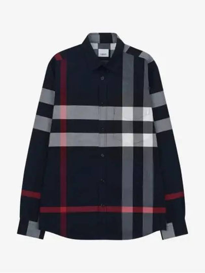 Men's Checked Stretch Cotton Poplin Long Sleeve Shirt Navy - BURBERRY - BALAAN 2