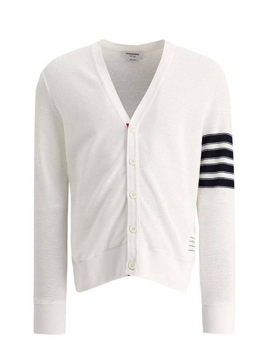 4 Bar Open Raschel Stitch V Neck Cardigan White - THOM BROWNE - BALAAN.