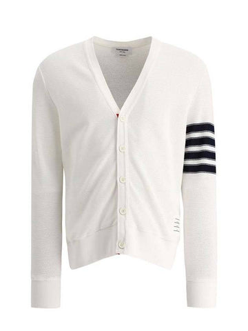 4 Bar Open Raschel Stitch V Neck Cardigan White - THOM BROWNE - BALAAN 1