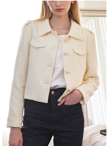 Women's Fancy Tweed Puff Semi Cropped Jacket Cream - MICANE - BALAAN 1