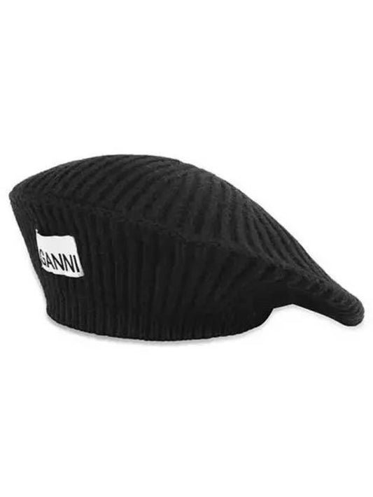 Logo Rib Edge Wool Beret Black - GANNI - BALAAN 2