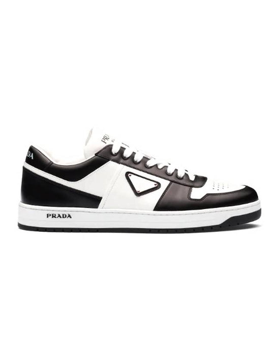Men's Downtown Triangle Logo Leather Low Top Sneakers White Black - PRADA - BALAAN 1