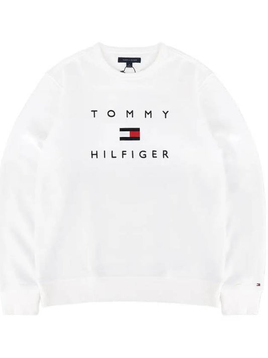 Stacked Embroidered Logo Fleece Crew Neck Sweatshirt White - TOMMY HILFIGER - BALAAN 1