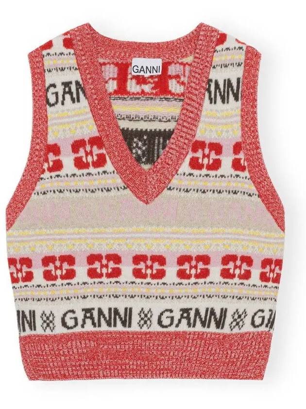 V-neck Logo Graphic Wool Blend Vest - GANNI - BALAAN 3