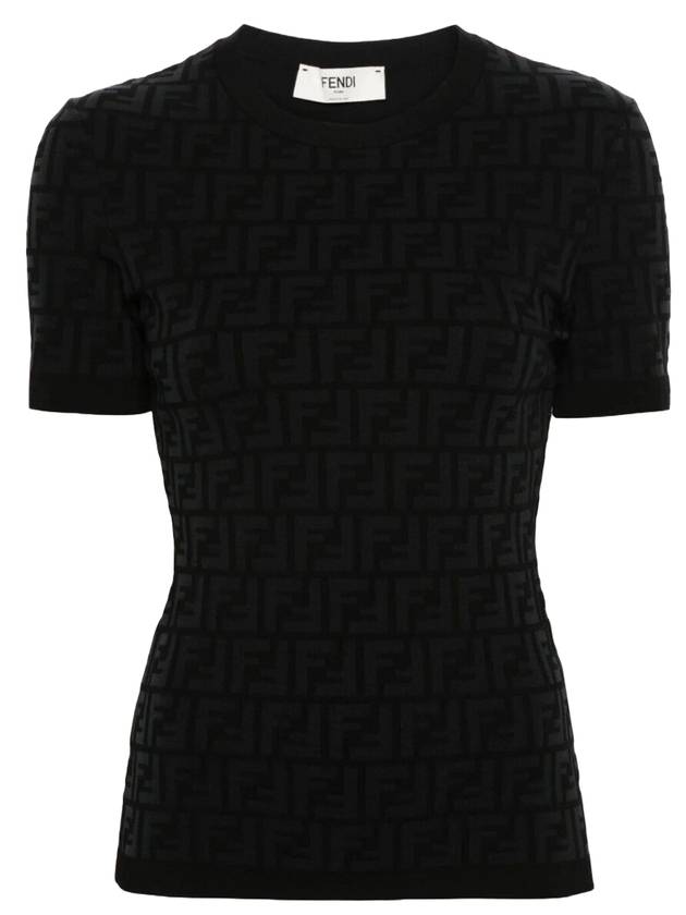 FF Viscose Short Sleeve Knit Top Black - FENDI - BALAAN 1