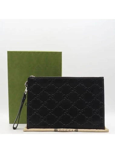 625569 Black leather GG emboss pouch clutch wrist strap - GUCCI - BALAAN 1