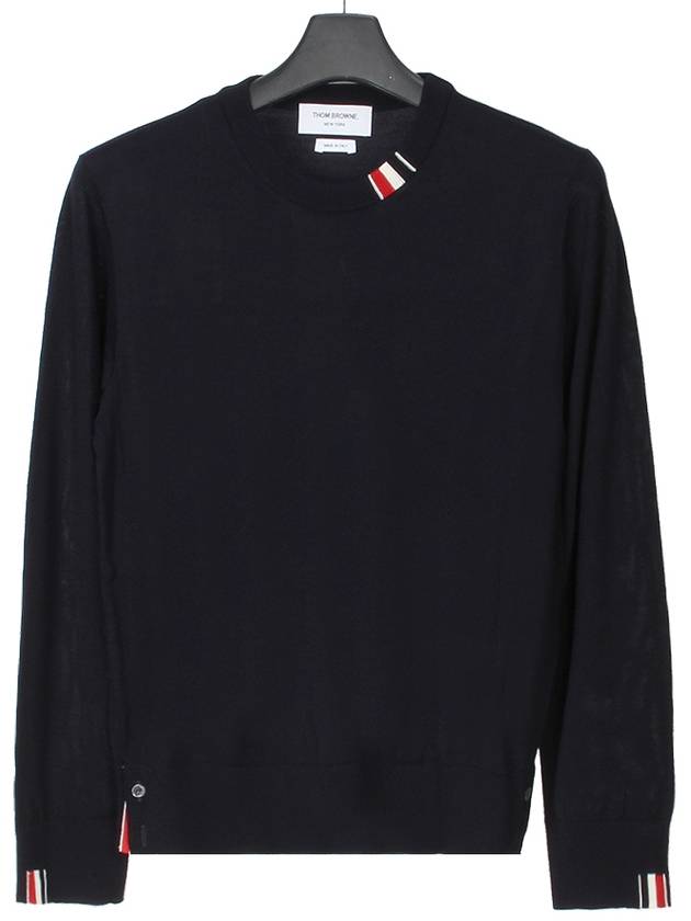 Intarsia Stitch Crew Neck Merino Wool Knit Top Navy - THOM BROWNE - BALAAN 2