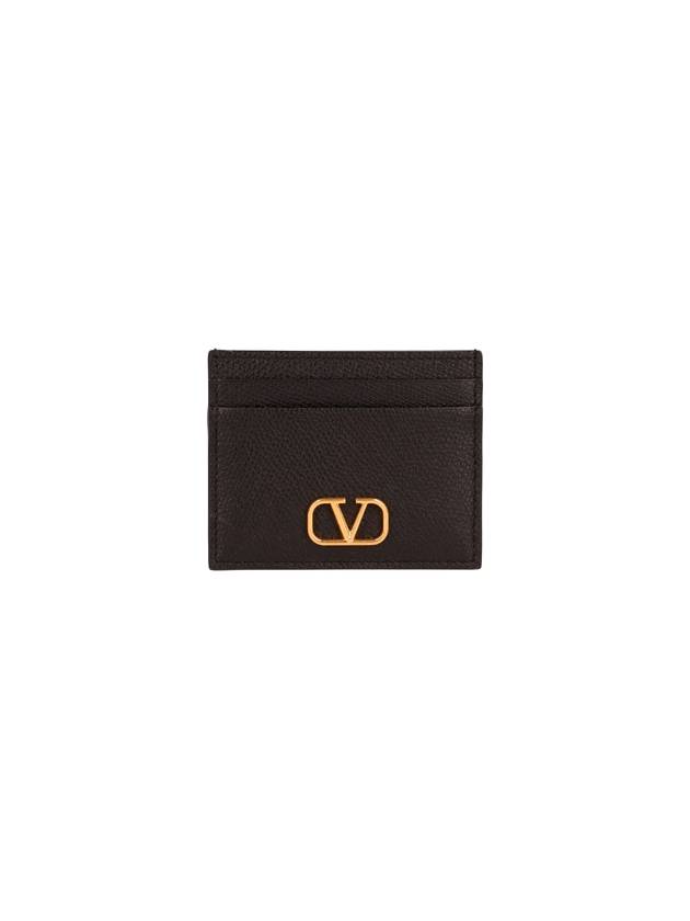 V Logo Signature Grainy Calfskin Card Wallet Black - VALENTINO - BALAAN 2