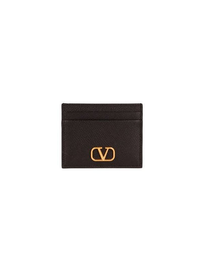 V Logo Signature Grainy Calfskin Card Wallet Black - VALENTINO - BALAAN 2