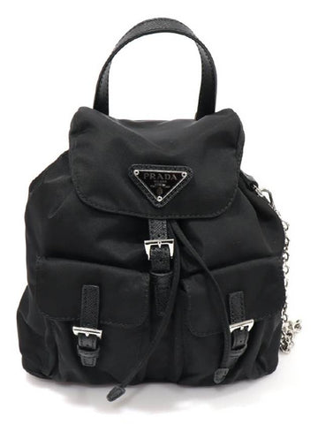 1BH029 Black Re Nylon Silver Plated Triangle Two Pocket Chain Mini Backpack 2WAY - PRADA - BALAAN 1