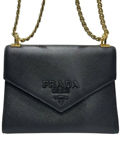 1BD127 Black Saffiano Monochrome Gold Chain Cross Bag - PRADA - BALAAN 2