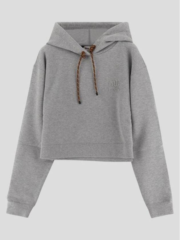 Logo Drawstring Crop Cotton Hoodie Grey - MIU MIU - BALAAN 2