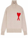 Men's Big Heart Logo Wool Knit Turtleneck Beige - AMI - BALAAN.