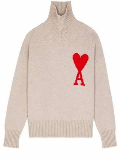 Big Heart Logo Wool Knit Turtleneck Beige - AMI - BALAAN 2