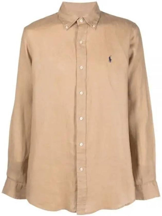 Embroidered Logo Linen Long Sleeve Shirt Brown - POLO RALPH LAUREN - BALAAN.