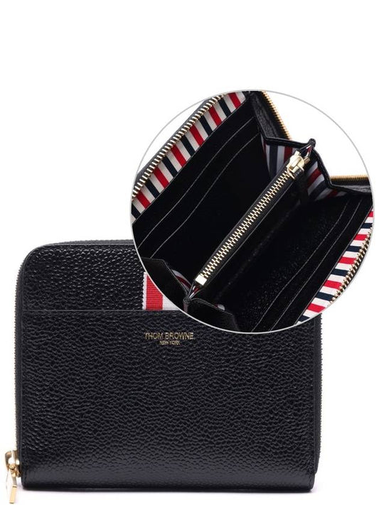 Three Stripes Pebble Grain Zipper Round Half Wallet Black - THOM BROWNE - BALAAN 2