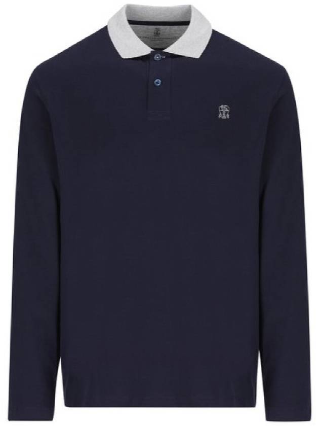 Embroidery Logo Long Sleeve Polo Shirt Navy - BRUNELLO CUCINELLI - BALAAN 3