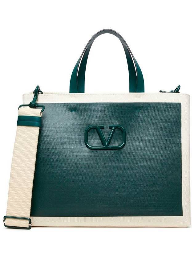 Signature V Logo Canvas Leather Tote Bag Natural Green - VALENTINO - BALAAN 1