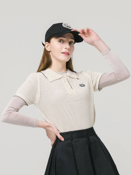 Golf Shirt Collar Lace Stitch Decoration Scarf Beige Short Sleeve Collar Knit DO3222PO32 - DOYOUKNOWMC GOLF WEAR - BALAAN 2