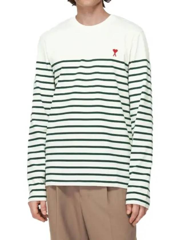 Heart Logo Stripe Long Sleeve T-Shirt White Green - AMI - BALAAN 4