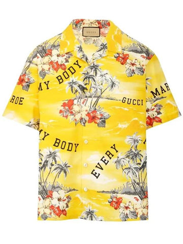 printed poplin oversized short sleeve shirt yellow - GUCCI - BALAAN 1