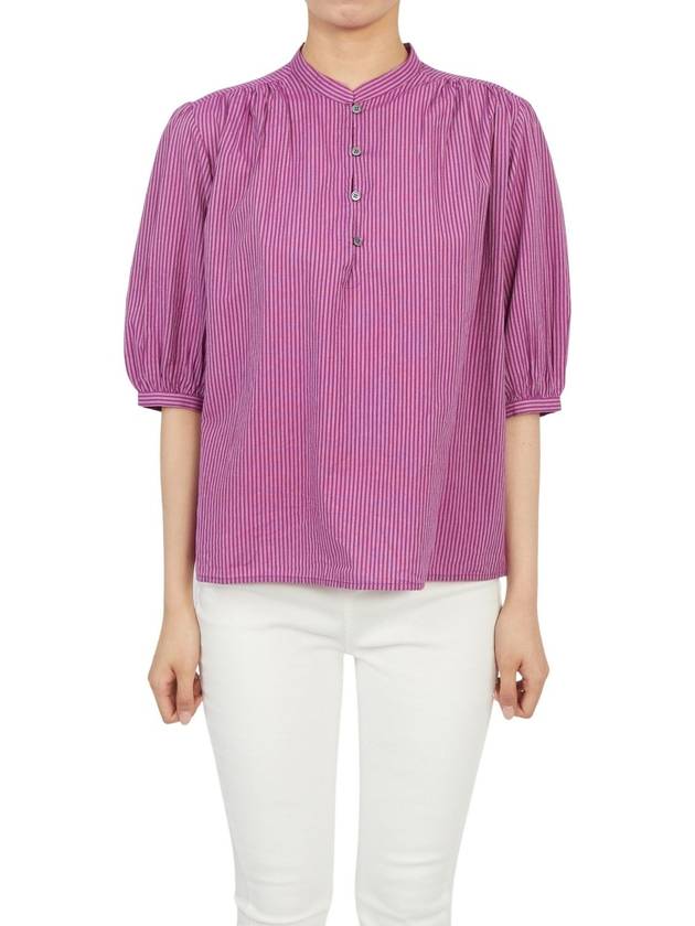 Women's Puff Sleeve Striped Cotton Blouse Purple - VANESSA BRUNO - BALAAN 2