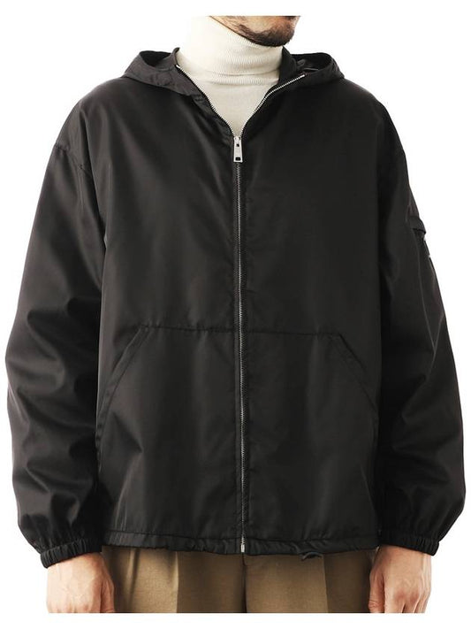 Men's Triangle Logo Re-Nylon Hooded Zip-Up Jacket Black - PRADA - BALAAN.