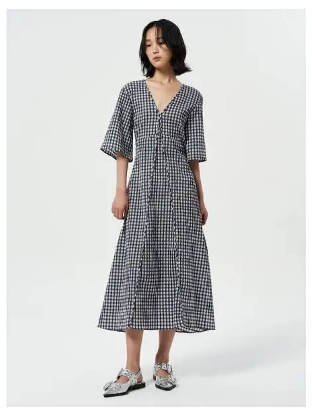 Seersucker check V neck long dress one piece Egret domestic product GM0024052059242 - GANNI - BALAAN 1