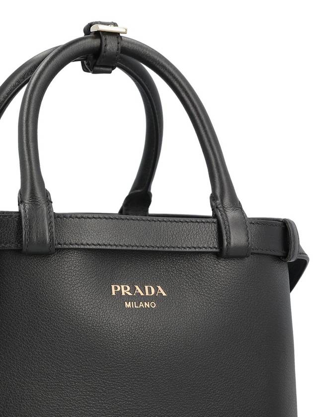 Double Belt Buckle Large Leather Handles Tote Bag Black - PRADA - BALAAN 5