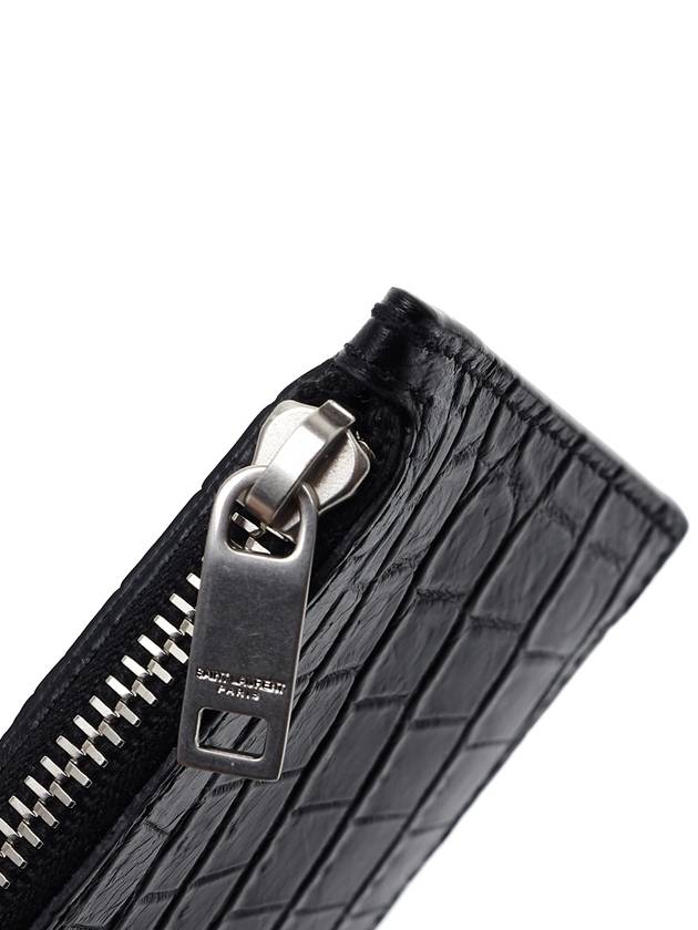 Crocodile Fragment Zipper Card Wallet Black - SAINT LAURENT - BALAAN 9