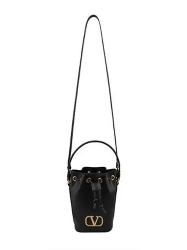 Signature V Logo Leather Small Bucket Bag Black - VALENTINO - BALAAN 5