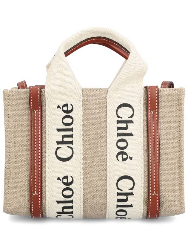 Woody Linen Canvas Calfskin Tote Bag White Brown - CHLOE - BALAAN 3