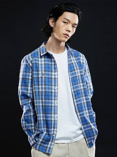 Unisex Overfit Plaid Check Shirt Blue - LMN3011 - BALAAN 2