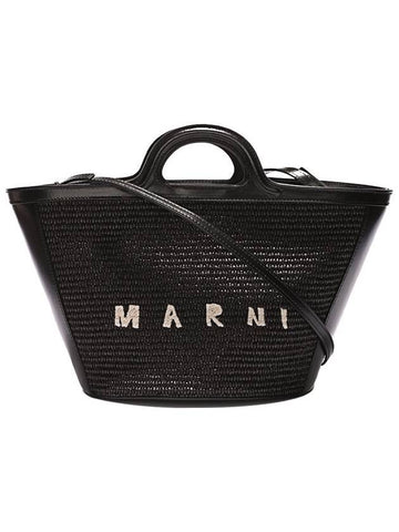 Leather Raffia Tropicalia Tote Bag Black - MARNI - BALAAN 1