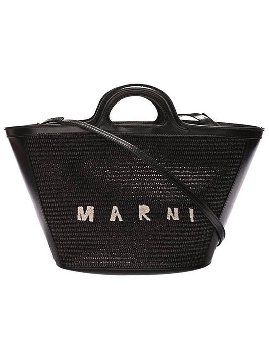 Leather Raffia Tropicalia Tote Bag Black - MARNI - BALAAN 1