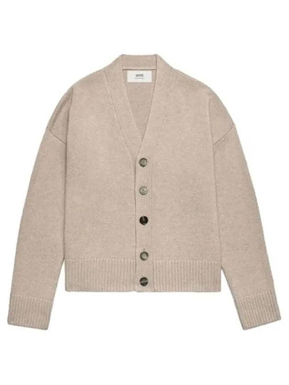 V-Neck Knit Wool Cashmere Cardigan Beige - AMI - BALAAN 2