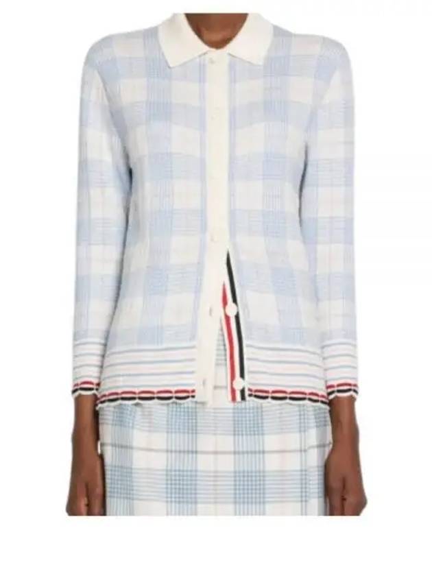 Hairline Check Scalloped Polo Cardigan Light Blue - THOM BROWNE - BALAAN 2