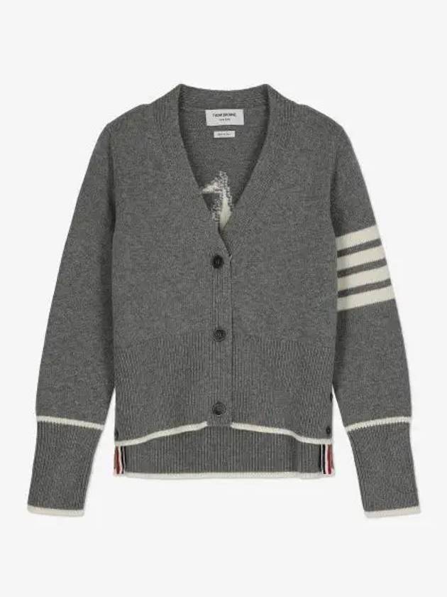 Women's Fine Merino Jersey Sailboat 4 Bar Boxy V Neck Cardigan Light Grey - THOM BROWNE - BALAAN 2