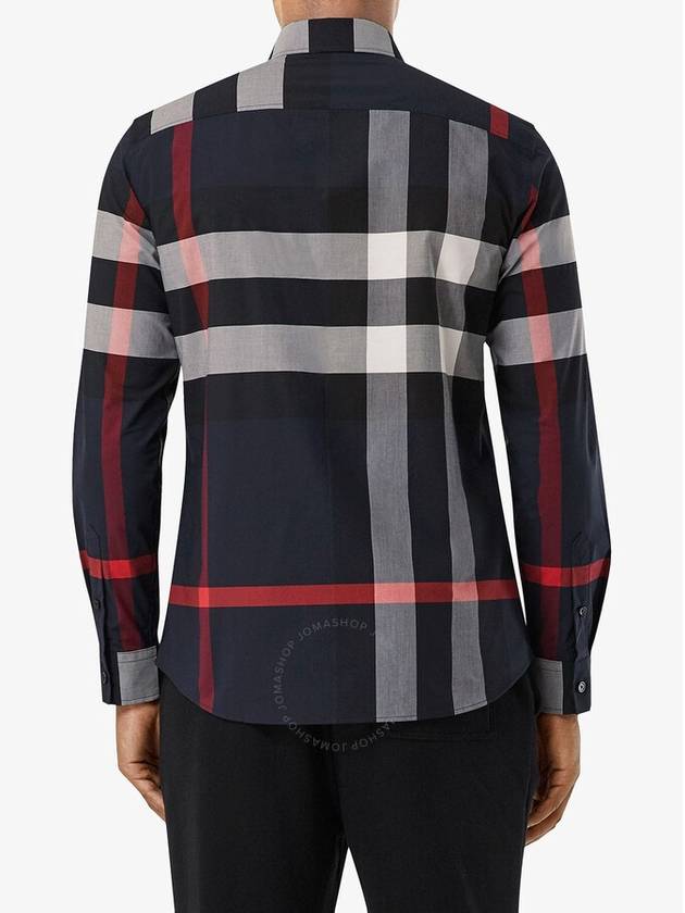 Men's Checked Stretch Cotton Poplin Long Sleeve Shirt Navy - BURBERRY - BALAAN 4