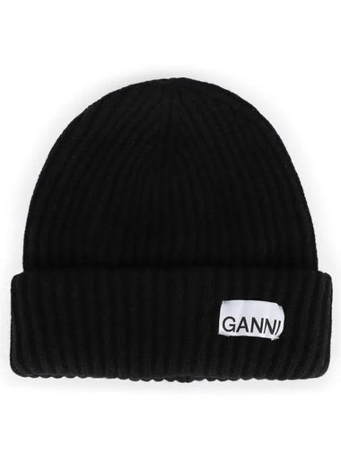 Women s Logo Patch Wool Knit Beanie Black A4429 099 - GANNI - BALAAN 1