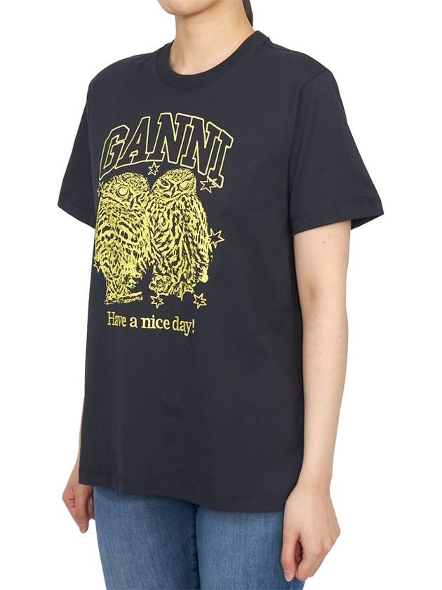 Owls Print Cotton Short Sleeve T-Shirt Black - GANNI - BALAAN 3