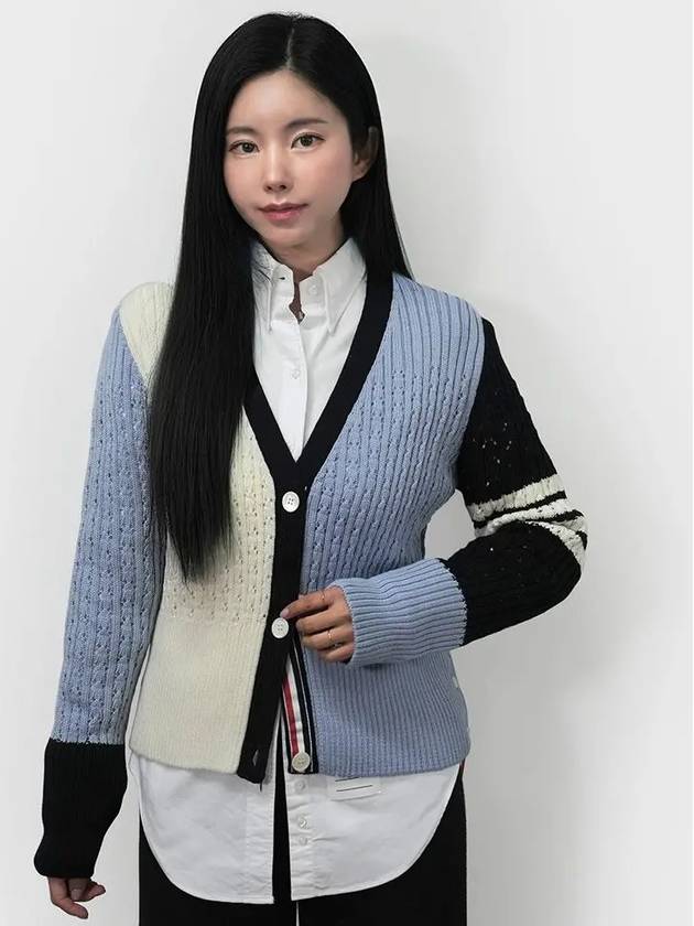 Fun Mix 4 Bar Pointelle V Neck Cardigan Light Blue - THOM BROWNE - BALAAN 3