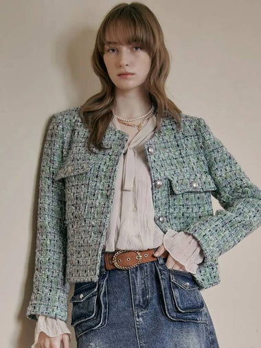 Silver button flap pocket glitter wool blend tweed jacket - MAXZA - BALAAN 1