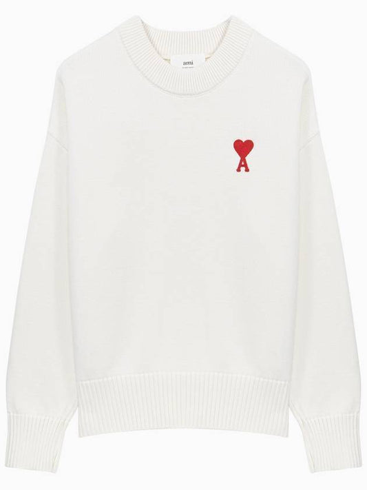 Heart Logo Organic Cotton Wool Blend Knit Top Natural White - AMI - BALAAN.