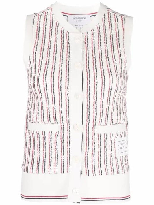 Striped Cotton Tweed Cardigan Shell Knit Top - THOM BROWNE - BALAAN.